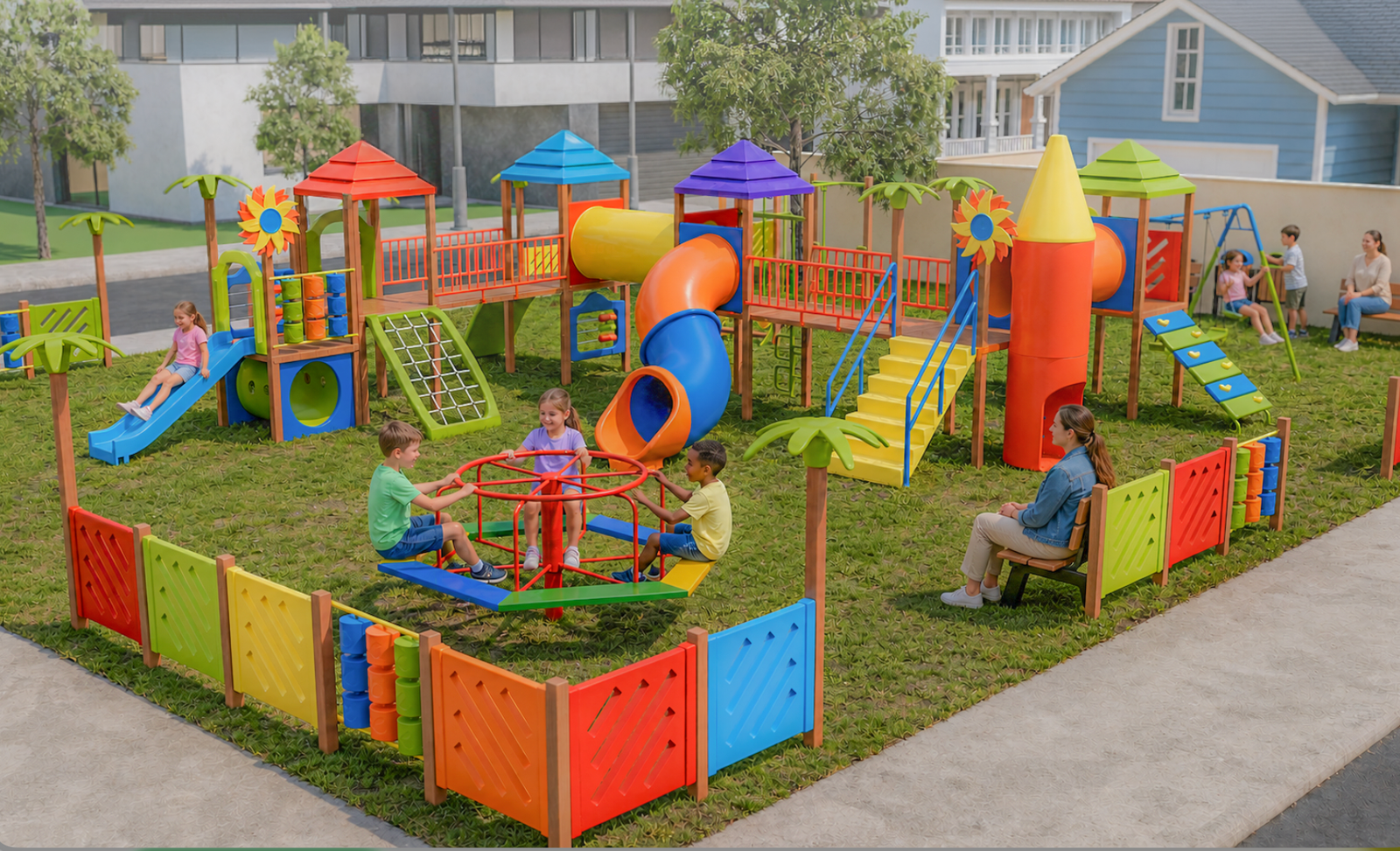 Proposta visual de uma praça com playground colorido, crianças brincando e espaços de convivência